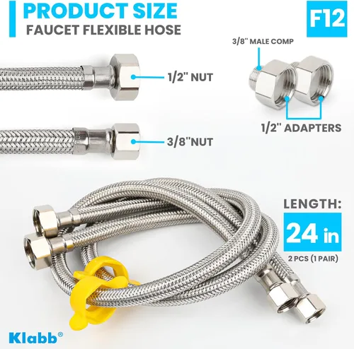 Vista 2 de Klabb Conector de grifo de cocina de baño de 24 pulgadas de largo, manguera de suministro de acero inoxidable trenzada, rosca de compresión hembra