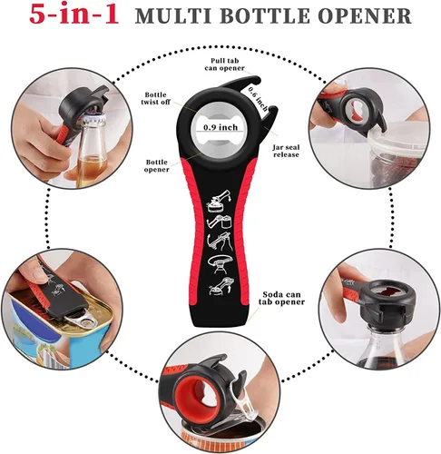 Vista 4 de Abridor de botellas para manos débiles, kit de abrebotellas multifunción 5 en 1 con mango de silicona, fácil de usar para niños, ancianos y personas
