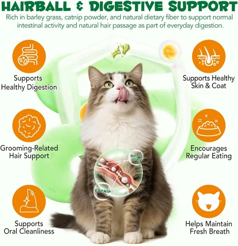 Vista 6 de Golosinas de hierba para gatos, golosinas para control de bolas de pelo en interiores, delicioso palo de dentición de hierba para quitar bolas