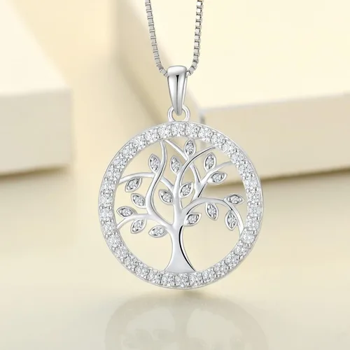 Vista 4 de YL Collar de árbol de plata de ley 925 con dije de esmeraldazafirogranateamatistacirconita, redondo, halo de vida familiar de joyería, Metal