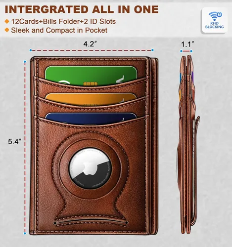 Vista 3 de BULLIANT Billetera Airtag para hombre, delgada con clip para dinero, cierre magnético, 12 tarjetas en el bolsillo frontal, bloqueo RFID