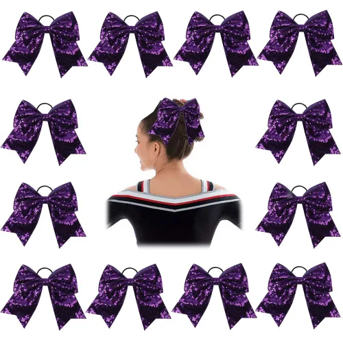 Vista 20 de Oaoleer 12 lazos grandes con purpurina para el pelo de 7 pulgadas, banda elástica hecha a mano para animadoras, adolescentes, niñas, deportes Negro