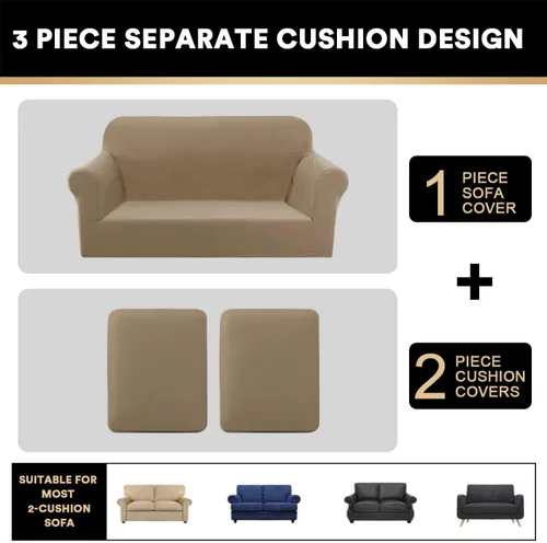 Vista 3 de PrinceDeco - Funda elástica y suave de 3 piezas para sofá, lavable, 2 fundas para cojines separados, protector elástico de muebles para niños y Arena