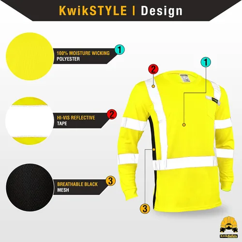 Vista 3 de KwikSafety Operator Long Sleeve Safety Shirts Class 3 ANSI OSHA Hi Vis PPE Cinta básica Amarillo