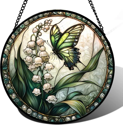 Vista 17 de DASTOLL Colgante de vidrio emplomado para ventana, diseño de lirio del valle, mariposa, atrapasol para puertas, hogar, atrapasoles decoración