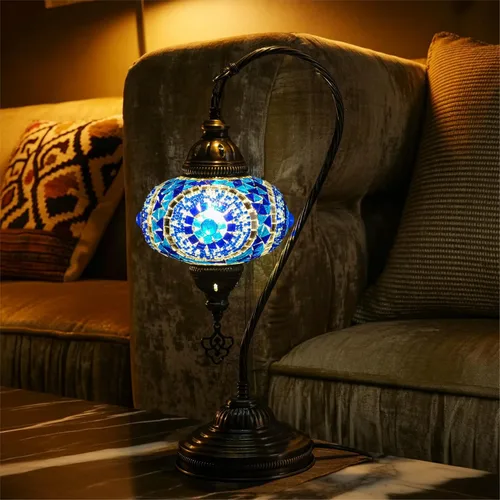 Vista 15 de Lámpara de mesa turca marroquí de vidrio transparente con cuello de cisne, pantalla de lámpara estilo bohemio vintage auténtica, lámpara de cuello