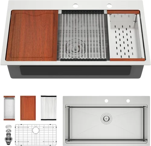 Vista 12 de Fregadero de cocina negro de 30"x19", estación de trabajo con revestimiento nano, acero inoxidable 304 calibre 16, hecho a mano, montaje superior