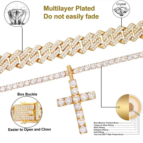 Vista 6 de Cadena de eslabones cubanos para hombres y mujeres, collar de cruz para hombres y mujeres, cadena helada, cadena de eslabones cubanos de Miami