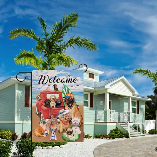Vista 6 de Hzppyz Bandera de bienvenida de verano con texto en inglés "Dogs Red Truck" para jardín, playa y jardín, de doble cara, para recolección náutica