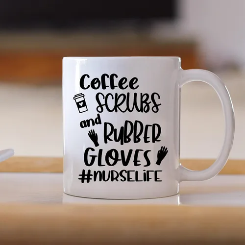 Vista 2 de Exfoliantes de café y guantes de goma #Nurselife, taza de café impresa para enfermera, regalo para enfermera (diseño 1, 11 onzas)