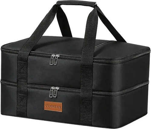 Vista 8 de Porta cazuelas aislada de 9x13 pulgadas, nylon duradero, porta cazuelas a prueba de fugas, porta cazuelas para alimentos fríos o calientes (negro)