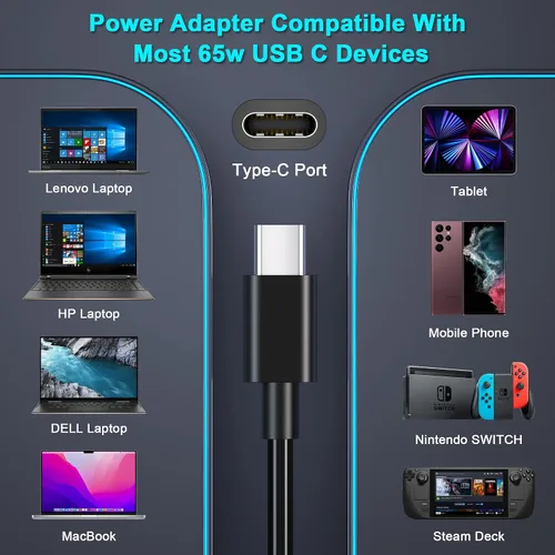 Vista 2 de Lenovo - Cargador para laptop, adaptador de CA de 65 W y 45 W, fuente de alimentación USB C, cable de alimentación para Lenovo Ideapad Thinkpad