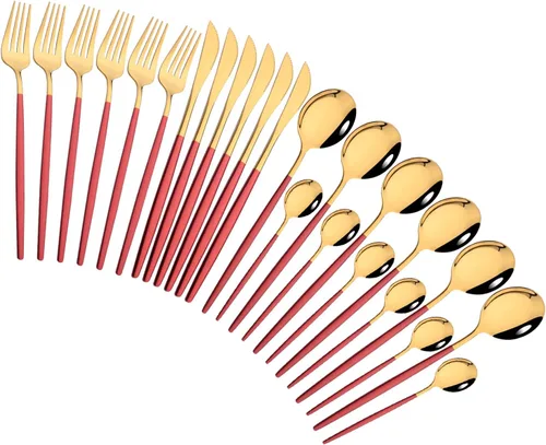 Vista 21 de Juego de cubiertos de 24 piezas, juego de cubiertos de acero inoxidable con espejo, cucharas, tenedores, cuchillos, diseño moderno, servicio para 6