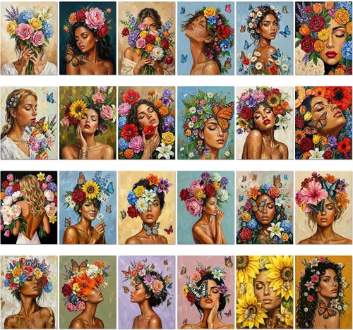 Vista 18 de Sherr Juego de 24 lienzos predibujados para pintar para adultos, lienzo preimpreso a granel, sorbo y pintura, paneles estirados, juego de pintura