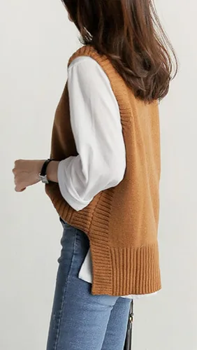 Vista 3 de PEIQI Suéter de punto para mujer, sin mangas, liso, casual, básico