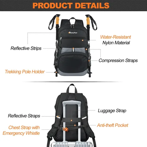 Vista 5 de Seektop Mochila de viaje ligera para hombres y mujeres, múltiples bolsillos 40L, mochila de senderismo plegable, Negro, Grande
