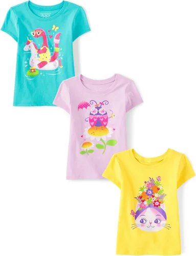 Vista 2 de The Children's Place Camisetas estampadas de manga corta para bebés y niñas pequeñas, con diseño de unicornios y mariposas, a la moda, paquete de 3
