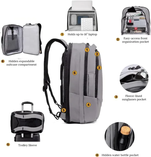 Vista 2 de Mochila portátil de viaje y trabajo ampliable de dos en uno de Knack, aprobada por la TSA, Aleación gris.