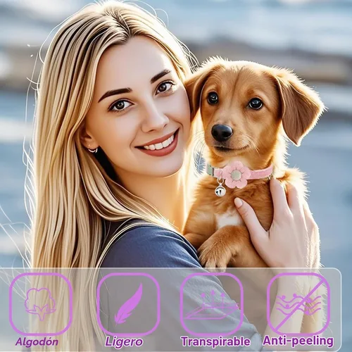 Vista 4 de Collar para perros pequeños con flor, Collares para cachorros XS, Collares para perros pequeños con campana para niña niño perrito pequeño (Rosa)
