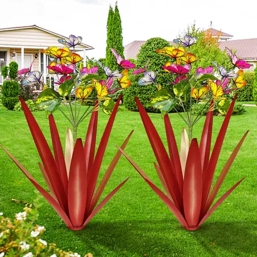 Vista 9 de TOMBABY Jardín al aire libre Mariposas agrandadas de metal espeso resistente al viento Arte de jardín de agave Metal Planta de campo Escultura