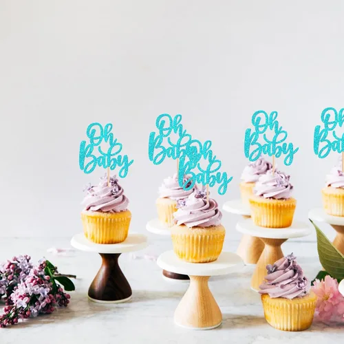 Vista 4 de 24 piezas Oh Baby Cupcake Toppers Glitter Baby Shower Cupcake Picks Reveal Género Decoración de Pasteles para Baby Shower Niños Niñas Fiesta de Azul