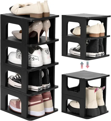 Vista 8 de TRZZ - Estante pequeño para zapatos de 4 niveles, organizador vertical estrecho apilable con partición removible, almacenamiento eficiente de Negro