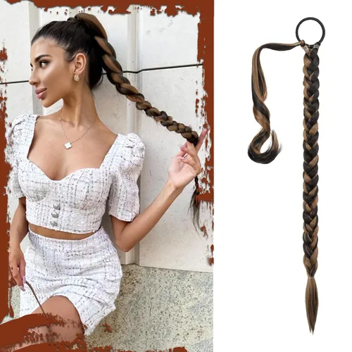 Vista 30 de SOFEIYAN Extensión de cola de caballo trenzada larga con banda elástica y mechón liso envolvente, extensiones de cabello naturales suaves