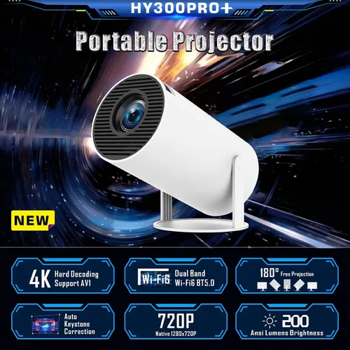 Vista 2 de Mini proyector HY300PRO actualizado 2025 con WiFi y Bluetooth, proyector portátil 4K, rotación de 180 grados, corrección trapezoidal automática