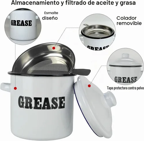 Vista 5 de Roadmap Recipiente de grasa de tocino esmaltado blanco de 1.5 L con colador, recipiente de grasa con patrón de letras, protector de grasa de tocino
