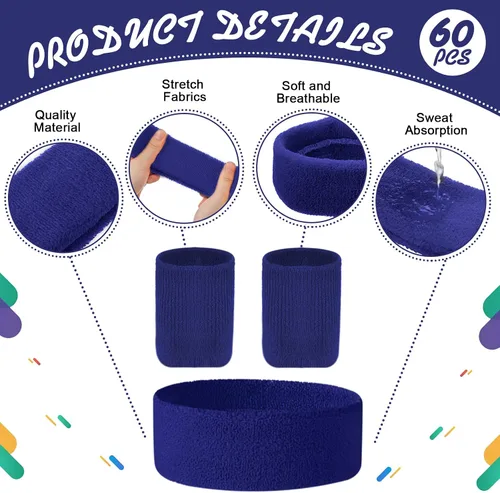 Vista 3 de El juego de 60 bandas para el sudor incluye 20 diademas deportivas y 40 muñequeras, pulseras de tela de rizo coloridas para entrenamiento, tenis