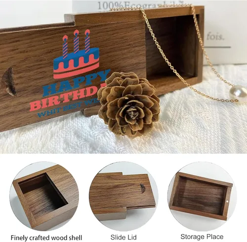 Vista 5 de Caja de regalo de madera pequeña personalizada con tapa deslizante, caja USB de recuerdo de madera personalizada con grabado láser con nombre