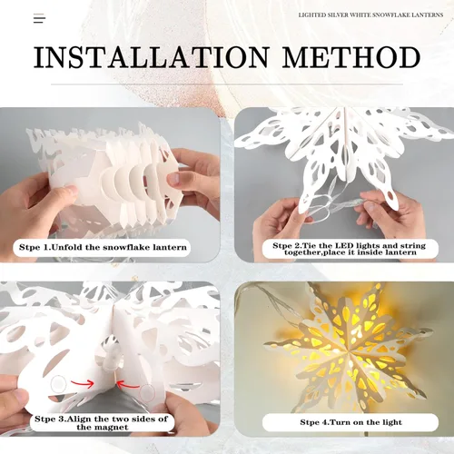 Vista 5 de 12 piezas de linternas de copo de nieve de papel de Navidad, linternas de estrella de papel de Navidad 3D con luces LED, lámparas colgantes de copo
