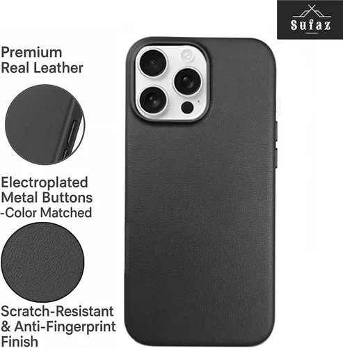 Vista 4 de Funda de piel para iPhone 14 Pro Max compatible con MagSafe, funda de piel de vaca auténtica de grano completo, botones de metal galvanizado, forro