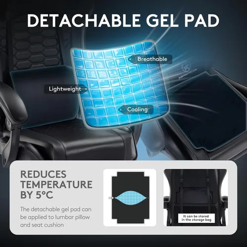 Vista 5 de Silla Gaming, Silla de Oficina para Computadora con Reposapiés, Soporte Lumbar de Masaje y Almohadilla de Gel, Silla Ergonómica Reclinable Ajustable