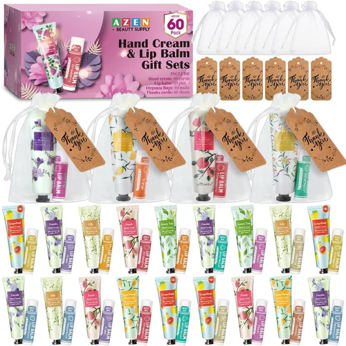 Vista 10 de AZEN 120 Juegos de Regalos a Granel, Crema de Manos y Bálsamo Labial a Granel con Bolsa de Organza, Tarjeta de Agradecimiento, Regalos de Baby
