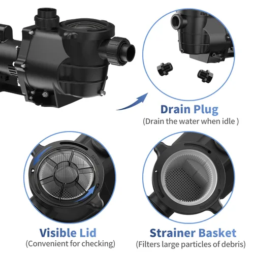 Vista 5 de Pipopa 2HP 6540GPH - Bombas de piscina sobre el suelo y en el suelo, bombas de piscina de 2 velocidades de 1725 RPM/3450 RPM con colador de cesta