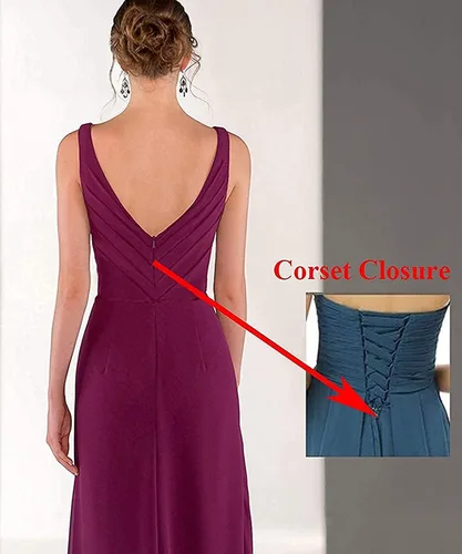 Vista 2 de Vestido de dama de honor largo de gasa con cuello en V de alta división plisado, vestido formal de fiesta