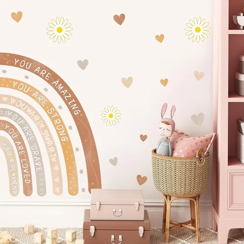 Vista 8 de Calcomanías de pared de acuarela arco iris, calcomanías de pared boho para habitación de bebé, calcomanías de pared motivacionales para decoración