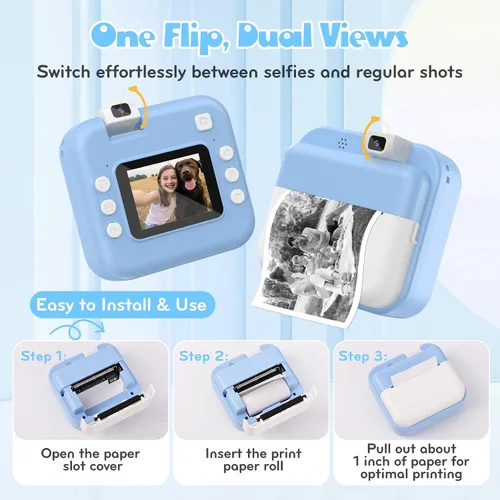 Vista 6 de Cámara para niños con impresión instantánea: cámara digital con lente abatible, regalo de cumpleaños para niños y niñas, fotos de impresión