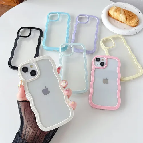 Vista 6 de Caseative Funda para iPhone 13, color negro Forma de marco de onda rizada linda a prueba de golpes suave