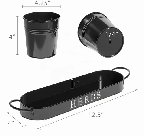 Vista 4 de Barnyard Designs - Juego de macetas para jardín de hierbas de interior con bandeja, macetas de metal para alféizar con drenaje para plantas de Negro
