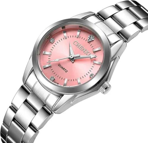 Vista 3 de Reloj clásico de acero inoxidable plateado impermeable de cuarzo analógico de moda para mujer