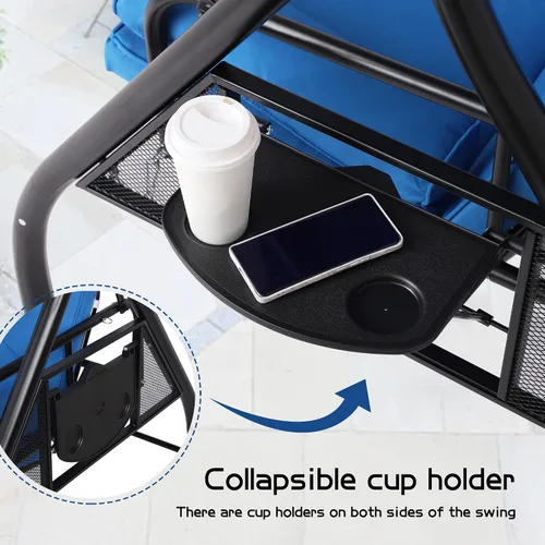 Vista 7 de Columpios de porche con toldo ajustable, cama de columpio para exteriores de 3 asientos, color azul Heavy Duty Porch Glider Bench with Stand