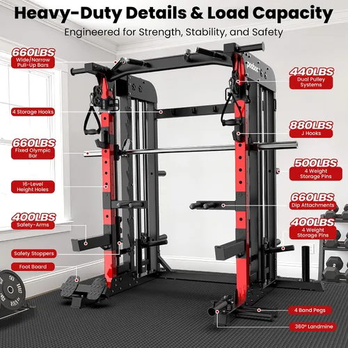 Vista 5 de pooboo Power Cage Smith Machine with 2000LB Squat Rack Cable System LAT Pulldown and Dual Pulley Cable Crossover with All-in-One Home Gym Machine