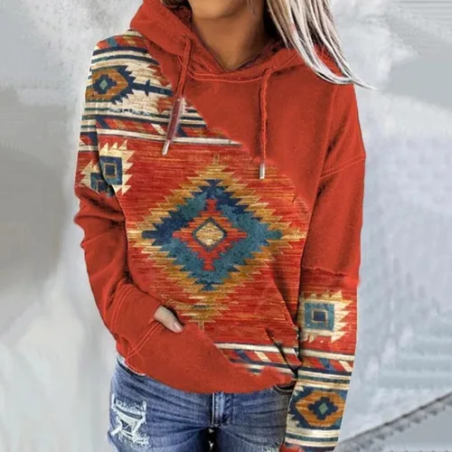 Vista 2 de Sudaderas con capucha estilo étnico azteca occidental para mujer, estilo casual, folk, manga larga, con bolsillo