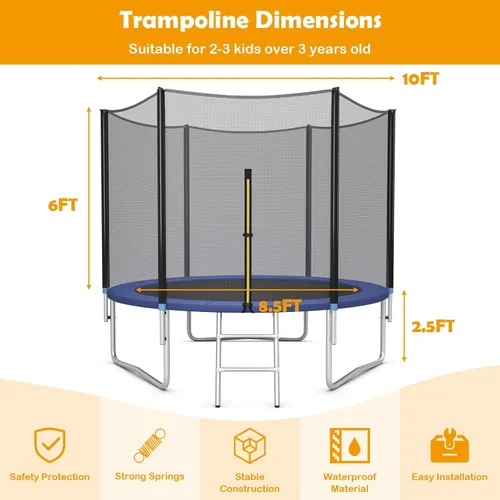 Vista 7 de GYMAX - Trampolín recreativo de 8, 10, 12, 14, 15 y 16 pies, con red de seguridad y escalera, certificado por ASTM, trampolín para exteriores