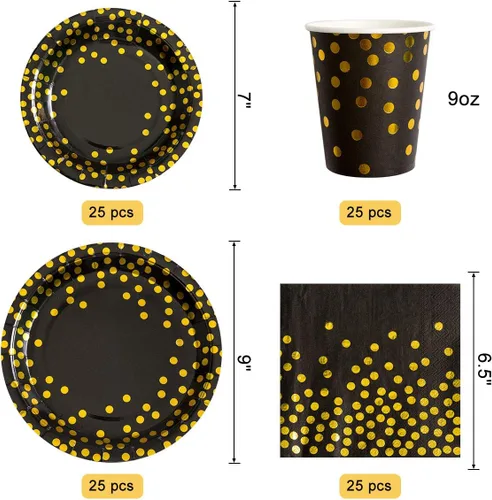 Vista 3 de HOMIX Suministros de fiesta negros y dorados, 175 piezas, platos desechables de papel negro, servilletas, vasos, tenedores de plástico dorado