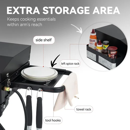 Vista 8 de Royal Gourmet PD3001 - Parrilla de gas propano de 3 quemadores con soporte plegable, parrilla portátil de 23 pulgadas con mesa auxiliar y área