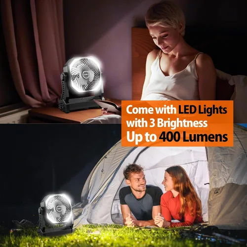 Vista 3 de Ventilador de camping de 20000 mAh, recargable, funciona con batería con gancho giratorio de 360°, luz de 400 lúmenes, pivote de 270°, 4