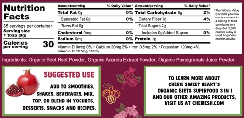 Vista 3 de Cherie Sweet Heart USDA Superalimento en polvo orgánico de remolacha, óxido nítrico 3 en 1, apoya la presión arterial saludable y la circulación